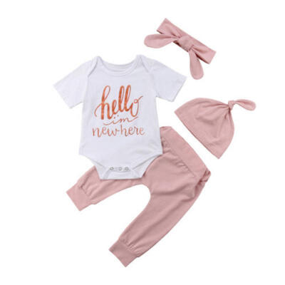 

UK Newborn Baby GirlIm new hereTops Romper Pants Leggings Hat 4Pcs Outfit Set