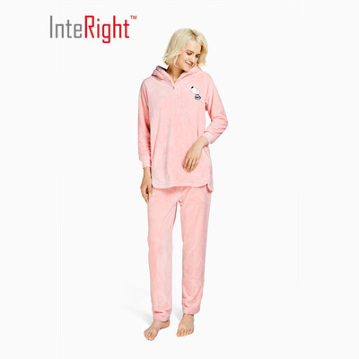 

INTERIGHT parent-child home service Shurou flannel plus velvet thickening hooded cartoon home service suit ladies pink