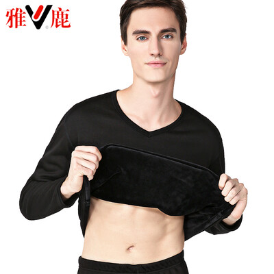 

Yalu thermal underwear men thickening plus velvet autumn clothes long pants suit de velvet thick thermal underwear lovers suit male V-neck black XXXL
