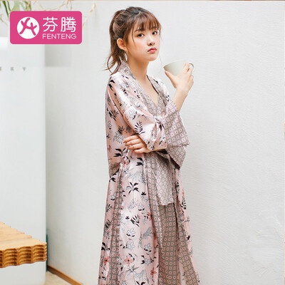 

Fen Teng 2018 new exquisite printing straps robe with three sets of pajamas ladies home service ladies pajamas J98932017 light pink L