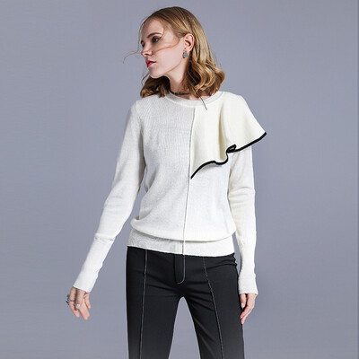 

Fashion wild round neck solid color long-sleeved ruffled pullover knit Cardigan