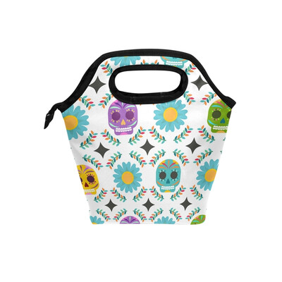 

Lunch Tote Bag Colorful Skull Travel Picnic Insulated Lunch Handbags Portable Zipper Lunch Bag Box
