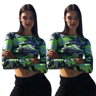 

Women Crew Neck Top Long Sleeve Crop Top Casual Bodycon Camouflage Blouse