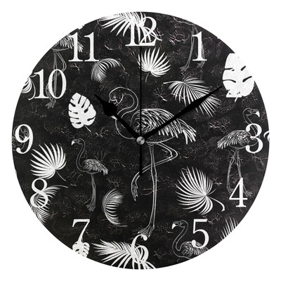 

Wall Clock Arabic Numerals Design Black Flamingo Pattern Round