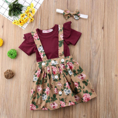 

3PCS Newborn Baby Girl Short Fly Sleeve RomperFloral Belt Dress Skirt Outfit US