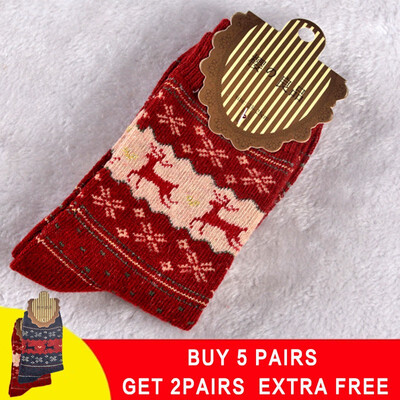 

5 pair Winter Women Socks Warm Wool Christmas Mid-calf Socks Woolen Snowflake Deer Comfortable Gift