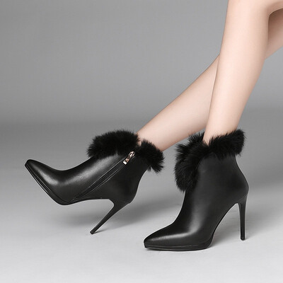 

Elegant Mink Fine Stiletto Ankle Ankle Boots Waterproof Platform Leather Boots for Women Fall&Winter English Martin Boots