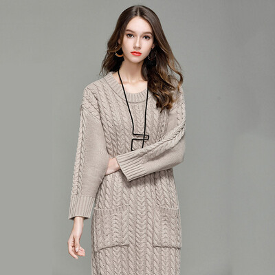 

PREISEI Autumn Winter Casual Loose Warm Solid O-Neck Long Sleeve Thick Ankle-Length Sweater Dress Vestido Women