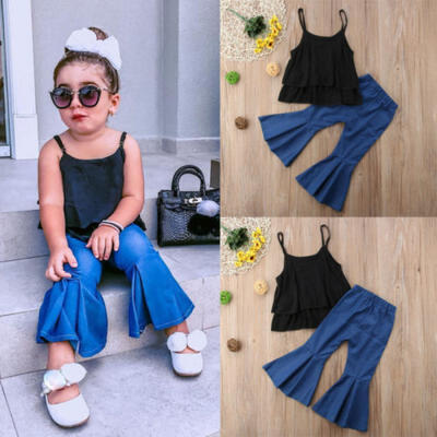 

Toddler Baby Girl Kids Clothes Sling Tops Denim Wide Leg Pants Outfits 2pcs Set
