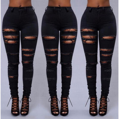 

Women Denim Skinny Ripped Pants High Waist Stretch Jeans Long Pencil Trousers AU
