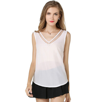 

Women's Sleeveless Chiffon Shirt Pure Color V-neck Net Yarn Splicing Vest Blouse