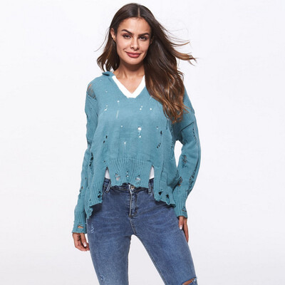 

Autumn sweater woman crash color sweater hole jacket