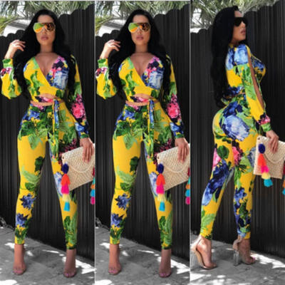 

US STOCK Lady Long V-Neck Sleeve Floral Print Crop Top Pants Set Casual Jumpsuit