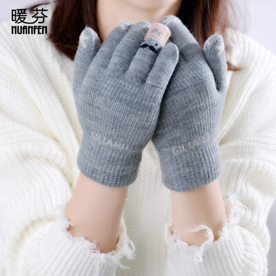 

Warm Fen nuanfen gloves female warm plus velvet thickening autumn&winter cold riding even finger plush cute Korean version of the simple A5109C gray