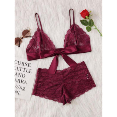 

2pcs Women Sexy Satin Lace Sleepwear Babydoll Lingerie Nightdress Pajamas Set