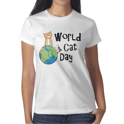 

Womens a World cat Day International cat Day Cotton T-Shirt Short-Sleeve Interesting tee