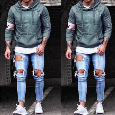 

Men Stretchy Ripped Jeans Skinny Biker Jeans Destroyed Taped Slim Fit Denim Pant