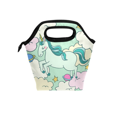 

Lunch Bag Green Unicorn Tote Travel Picnic Insulated Handbags Portable Zipper Lunch Bag Box