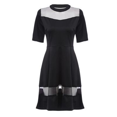 

Trendy Round Collar Short Sleeve See-through Spliced Mesh A-line Dress for Women