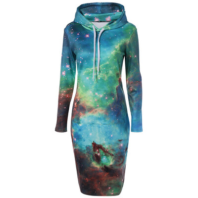 

Hooded 3D Galaxy Print with Pocket Dress