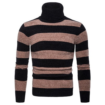 

AOWOFS new mens high lapel pullover slim sweater foreign trade striped knit bottoming shirt YM008