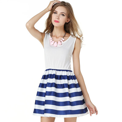 

Women Sleeveless Splicing Elastic Sailor Striped Cotton Dress