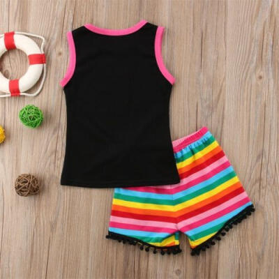 

UK Toddler Baby Girl Rainbow Tops Vest Pants Shorts Outfit 2PCS Clothes Set HZ 0