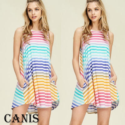 

Womens Sleeveless Clubwear Boho Stripe Beach Casual Bodycon Mini Beach Dress AU