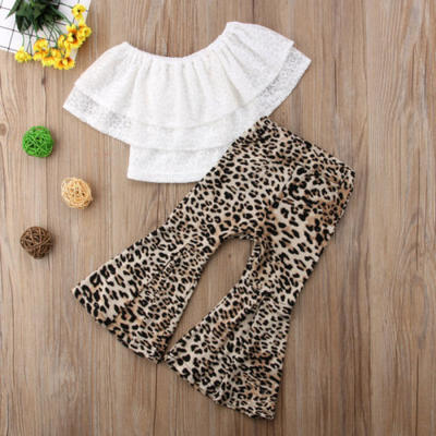 

UK Kids Baby Girl Clothes Lace TopLeopard Flares Pants Bell Bottoms Outfits Set
