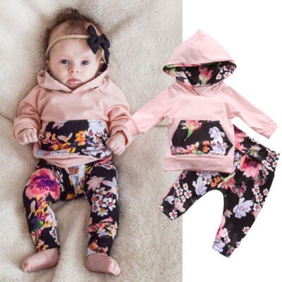 

Newborn Baby Kids Girls Clothes Floral Hooded Tops Long Pants Outfits Set 0-24M