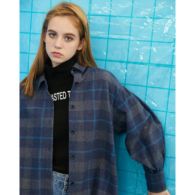 

PASS2018 new autumn outfit chic top Hong Kong long sleeve plaid shirt female loose long shirt student 68302PA12024 blue gray grid S
