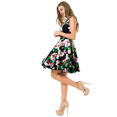 

Vintage Womens Party Dress Summer Belted Fit Flare Print Floral Swing O Neck Polka Dots Female Robe Dresses