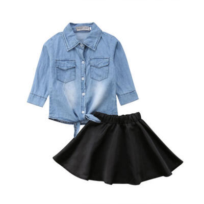 

Family Matching Women Kid Denim Blouse Top CoatPackage Hip Skirt Clothes Set US