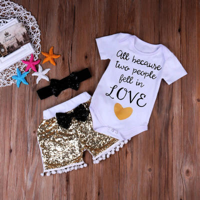 

3Pcs Baby Girl Short Sleeve Tops Romper Sequin Pants Bow Outfits Set Clothes