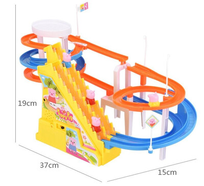 

Childrens toys usb powered sound&light music pink pig slide electric rail car pig climbing stairs set