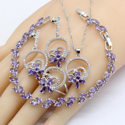 

Purple Semi-precious 925 Silver Jewelry Sets For Women Birthday Earrings Bracelet Rings Necklace Pendant
