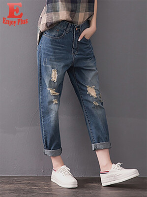 

L XL XXL 3XL 4XL 5XL plus size cotton casual autumn 2018 women long denim jeans harem pant big size blue ripped loose trousers