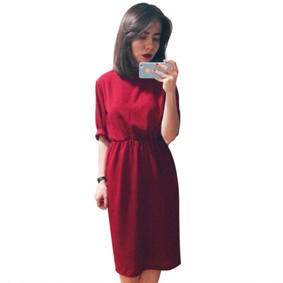 

Trendy Round Collar Short Sleeve Back Button Zipper Slit Hollow Out Elastic Waist Mid-calf Women Dress