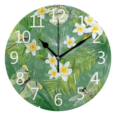 

Wall Clock Arabic Numerals Design Jungle Background With Palm Tree Leaves Round