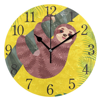 

Wall Clock Cute Sloth And Tropical Leaves Round Wall Clock Arabic Numerals Design