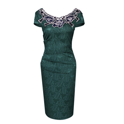 

European Foreign Trade Station Hot Sale Short Sleeve Lace O Neck Pencil Party Dress