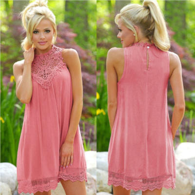

Women Summer Lace Patchwork Beach Dress Loose Hollow Out Sleeveless Dress -XL