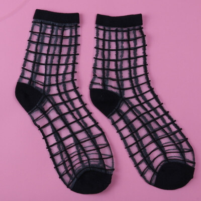 

LIONZONE Newly Women Korean Fashion Lace Ruffle Crystal Silk Ankle Sock Glass Black Sexy Thin Transparent Socks Wholesale