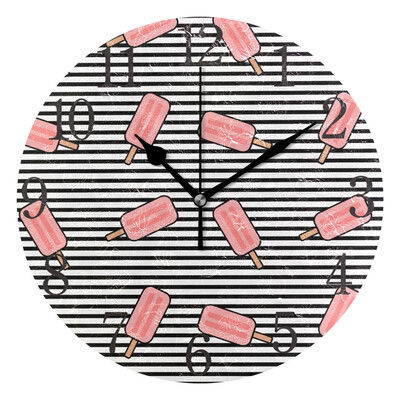 

Wall Clock Arabic Numerals Design Cute Cartoon Pink Ice Cream Stripes Round