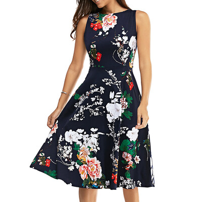 

Floral Print Vest Midi Flare Dress
