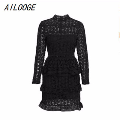 

Elegant hollow out ruffle lace dress Women vintage long sleeve slim short dress Sexy christmas party dress vestidos