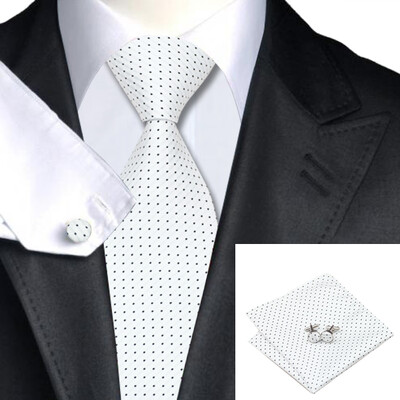 

N-0431 Vogue Men Silk Tie Set White Plaids & Checks Necktie Handkerchief Cufflinks Set Ties For Men Formal Wedding Business wholesale