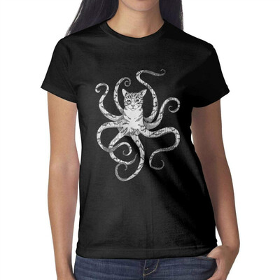 

Jumbo Octopus White cat Womens Black t Shirts Vintage Young Women Cotton t Shirts