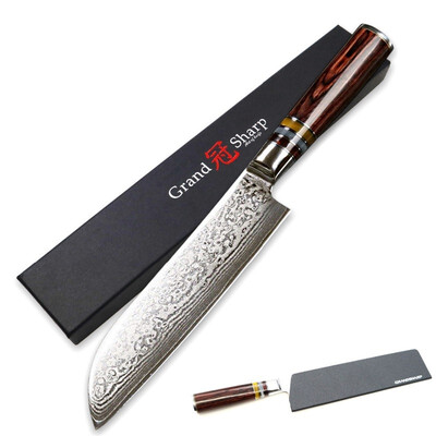 

Grandsharp 7 Inch Santoku Knife 67 Layers Japanese Damascus Steel VG10 Blade Kitchen Chef Knife Pakka Wood Handle with Gift Box