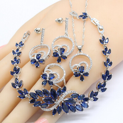 

New Dark Blue Semi-precious 925 Silver Jewelry Sets For Women Wedding Earrings Bracelet Rings Necklace Pendant